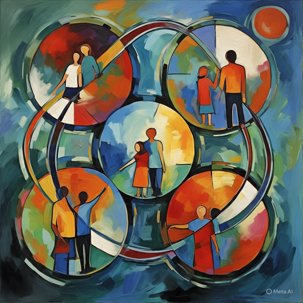 Pintura de personas dentro de círculos entrelazados
